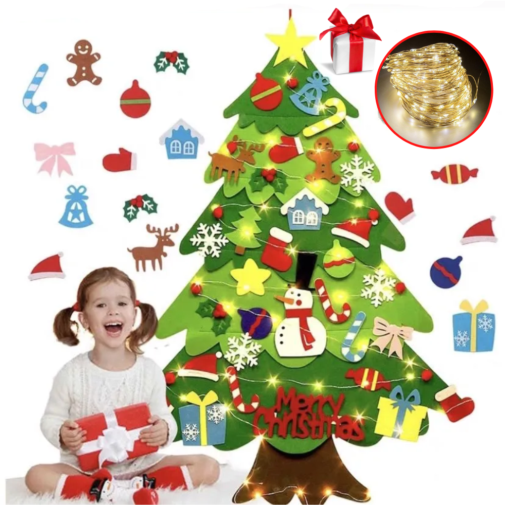 Новорічна фетрова ялинка на стіну з м'якими іграшками + гірлянда в подарунок